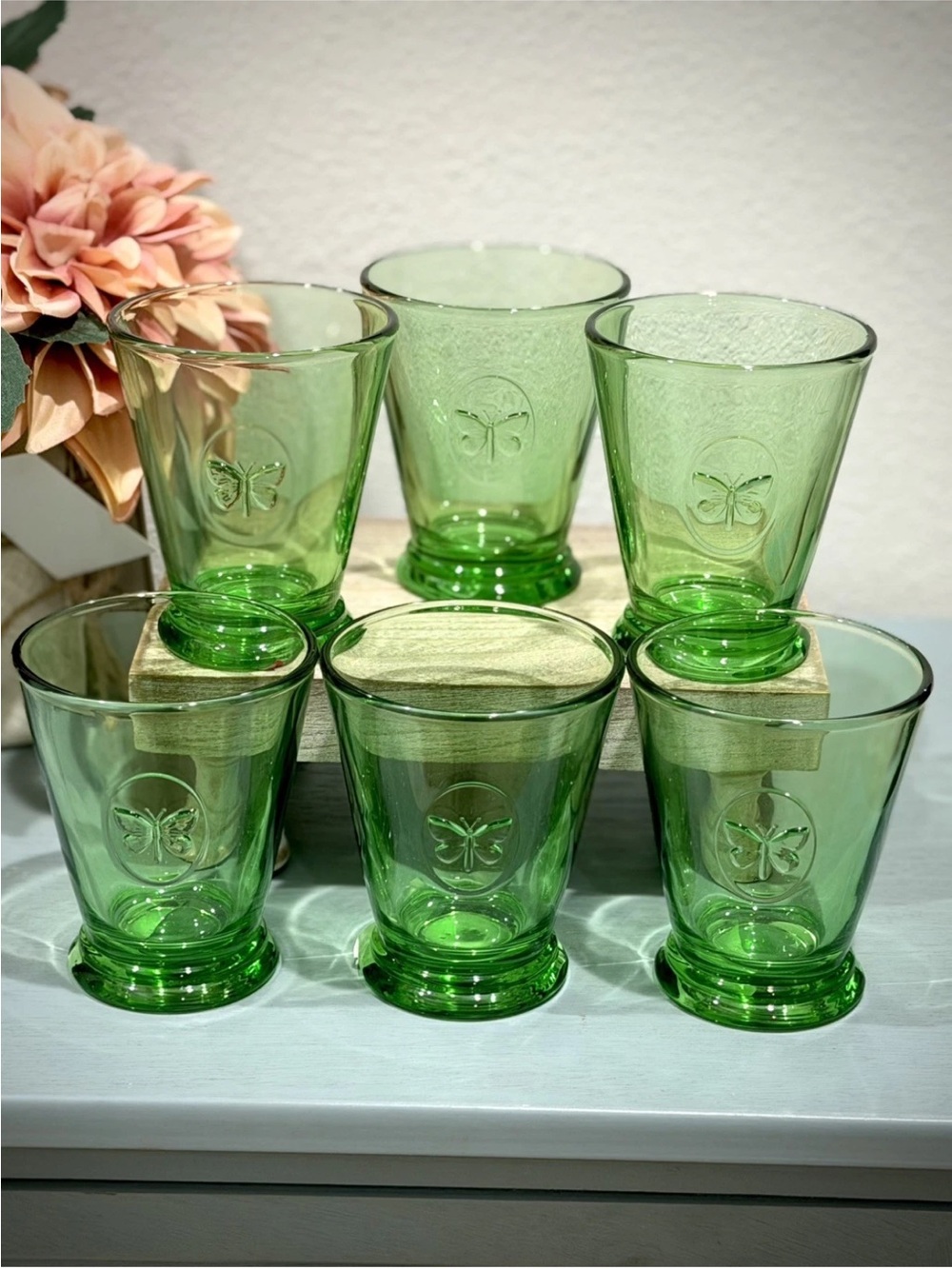La Rochere Butterfly Symbolic Papillon Tumbler/Glasses Mint Green. Set of 6~NEW